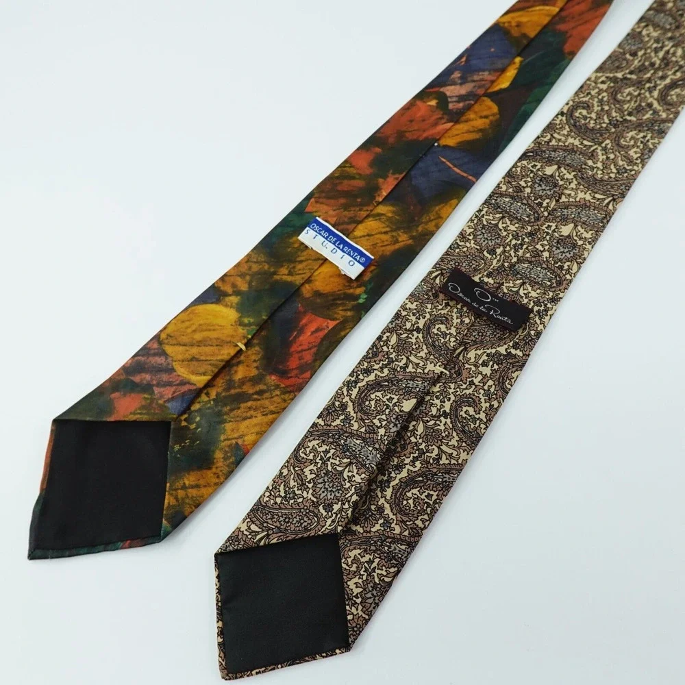 Vintage Oscar‎ De La Renta Tie Men Floral Paisley Print USA Set of 2 Necktie